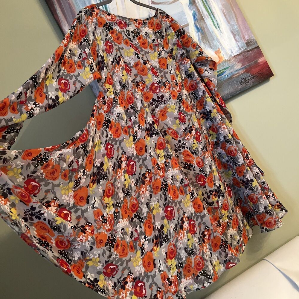Cirlce Dress Sz M Orange Gray Floral Long Sleeves Midi EXCELLENT